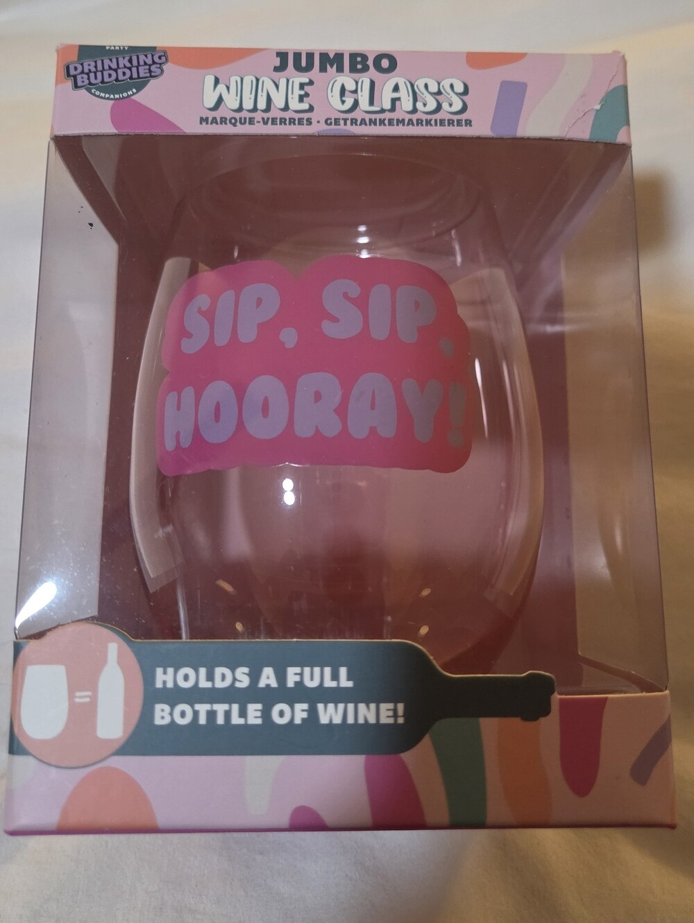 Jumbo Wine Glass - Pink "Sip, Sip Hooray!"